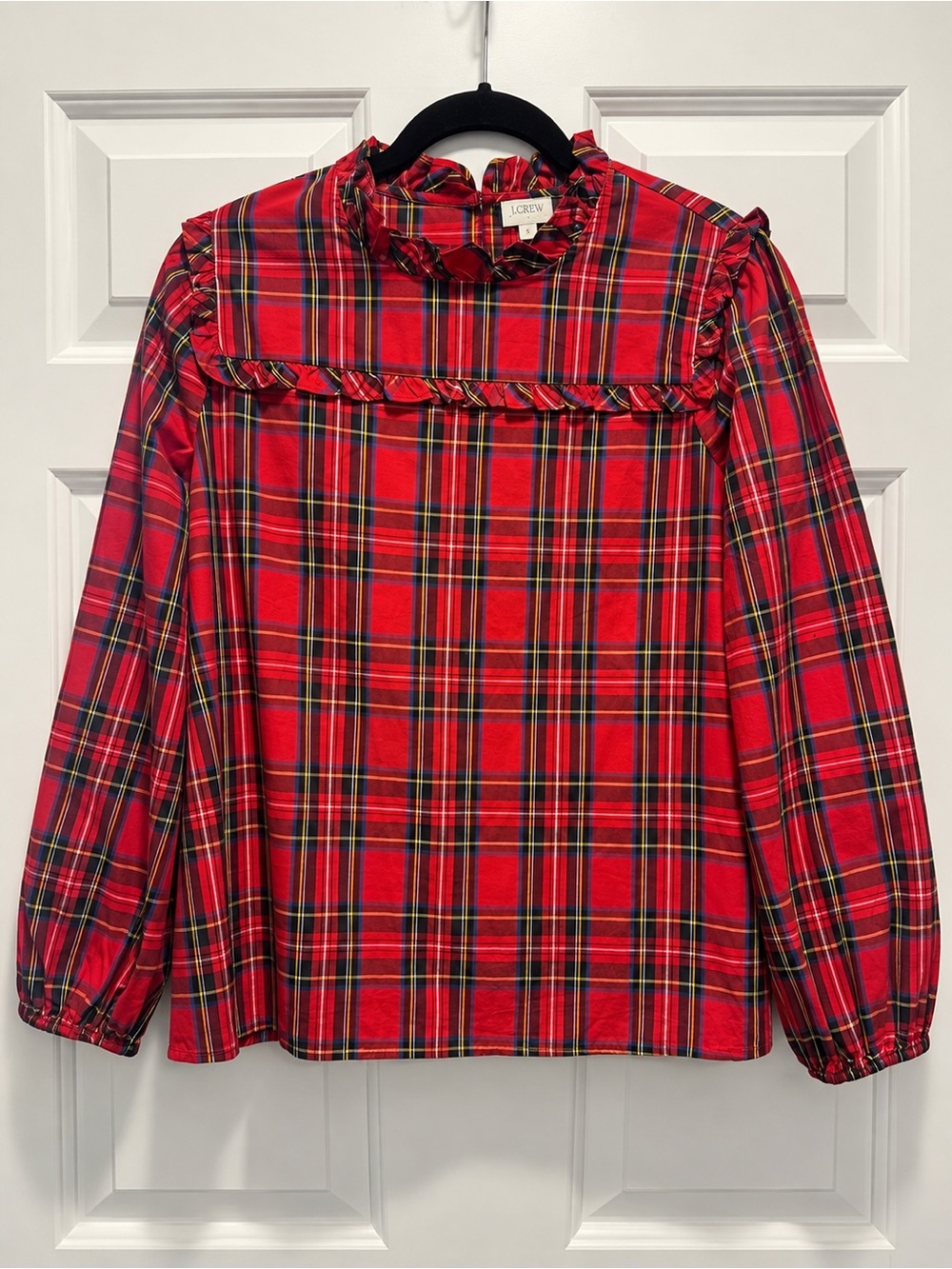 NWT J.Crew Red Plaid Ruffle Long Sleeve Holiday Blouse Size Small